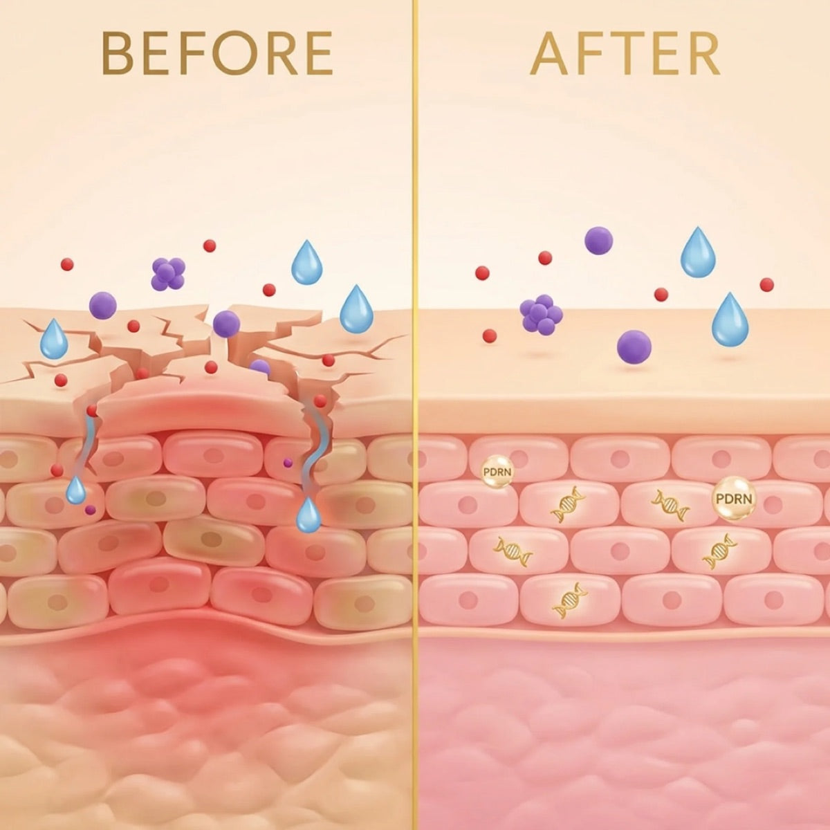 Skin barrier before and after PDRN: cracked, leaking skin versus restored, hydrated layers