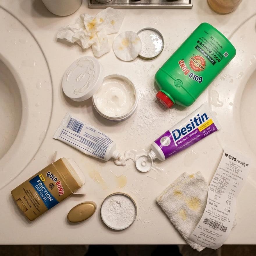 Pile of over-the-counter rash creams and powders on a bathroom counter