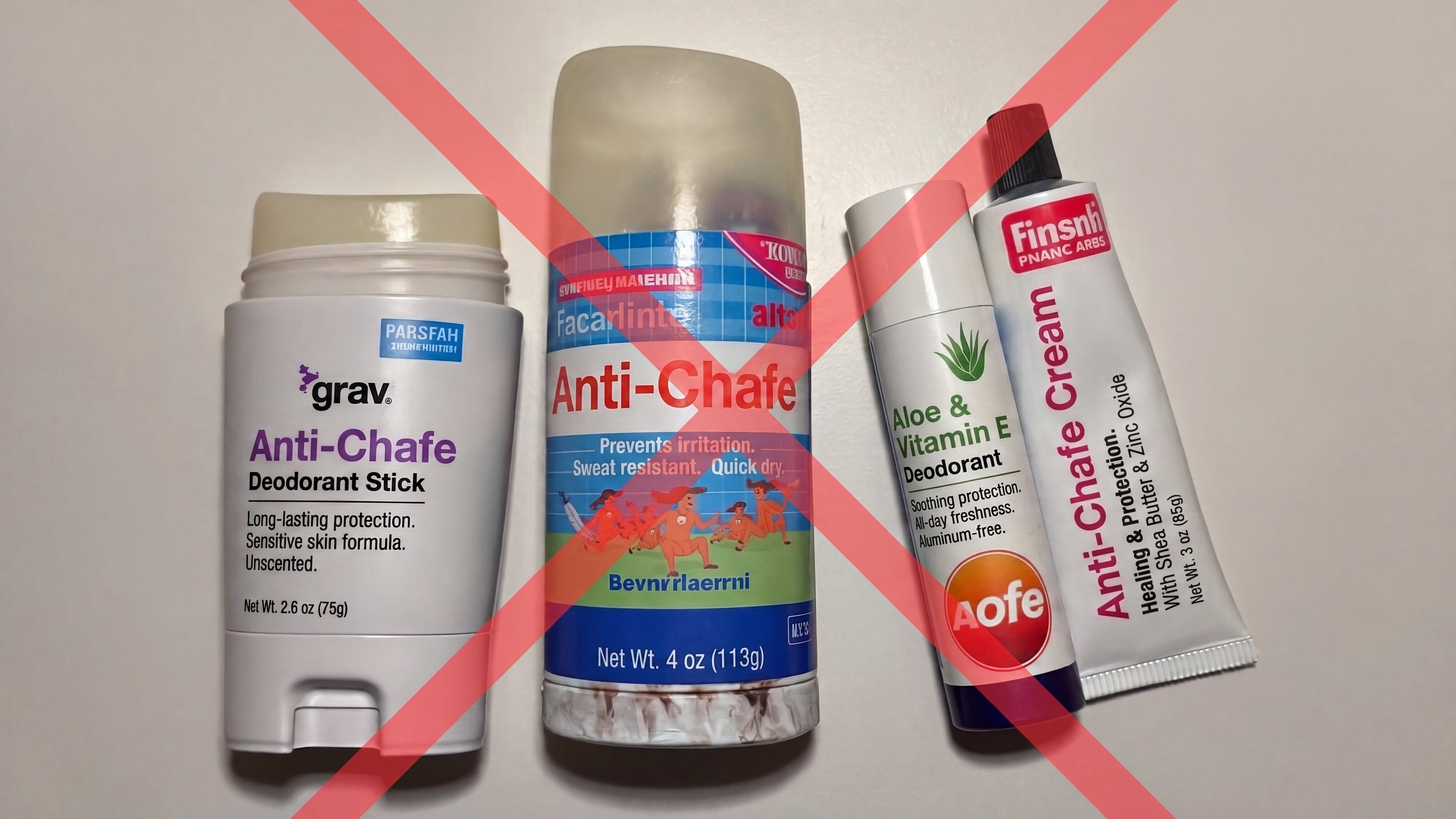 Anti-chafe deodorant sticks and creams crossed out — friction blockers and deodorants do not fix skin fold rash