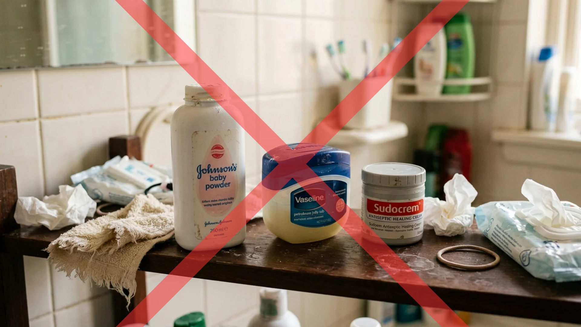Baby powder, Vaseline, and Sudocrem on a bathroom shelf crossed out — chemist remedies do not fix skin fold rash
